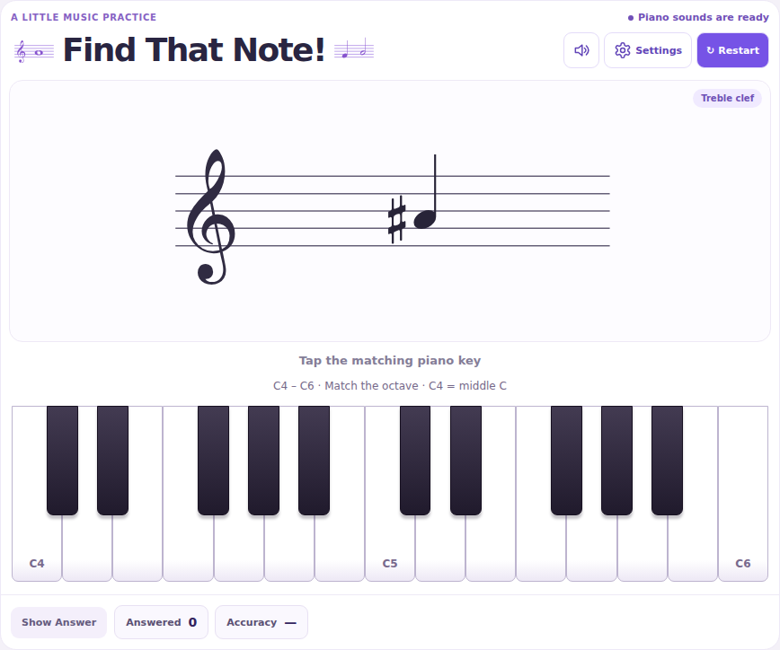 Find That Note piano-keyboard game preview